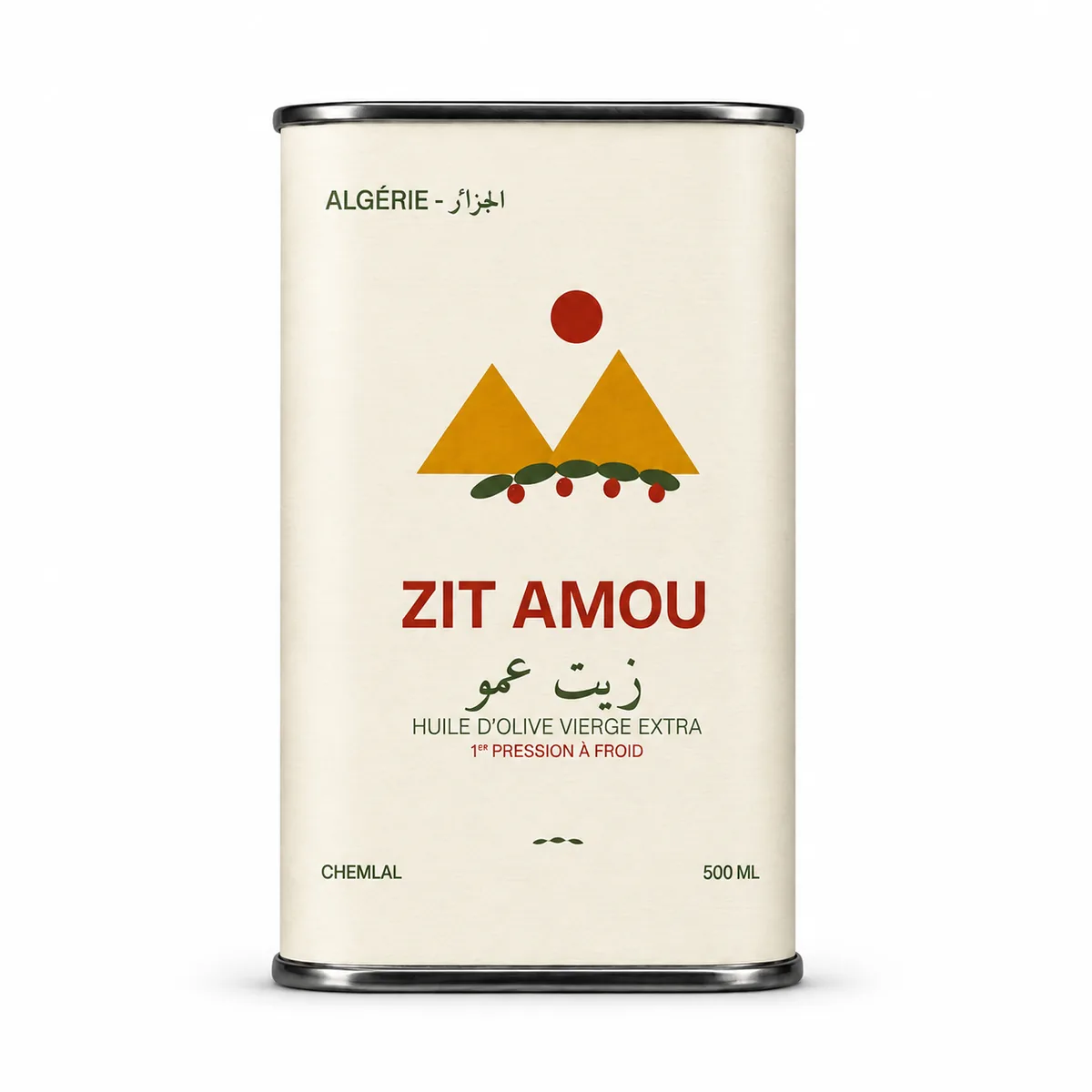 Boîte d'huile d'olive Zit Amou des montagnes d'Alger — face avant