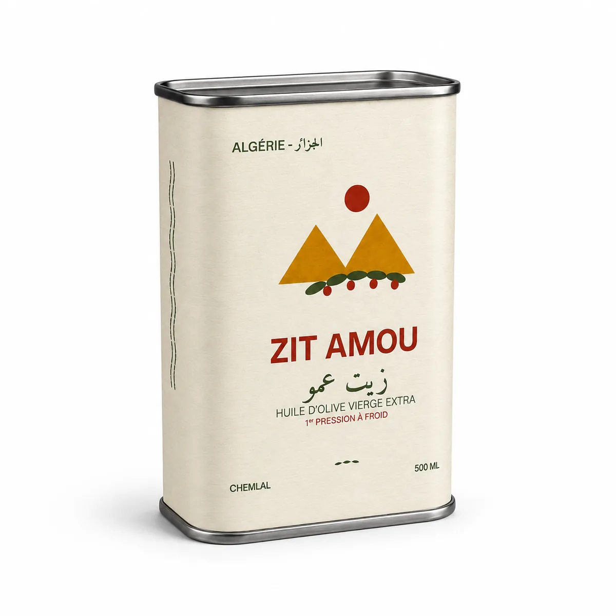 Boîte d'huile d'olive Zit Amou des montagnes d'Alger — vue de trois quarts