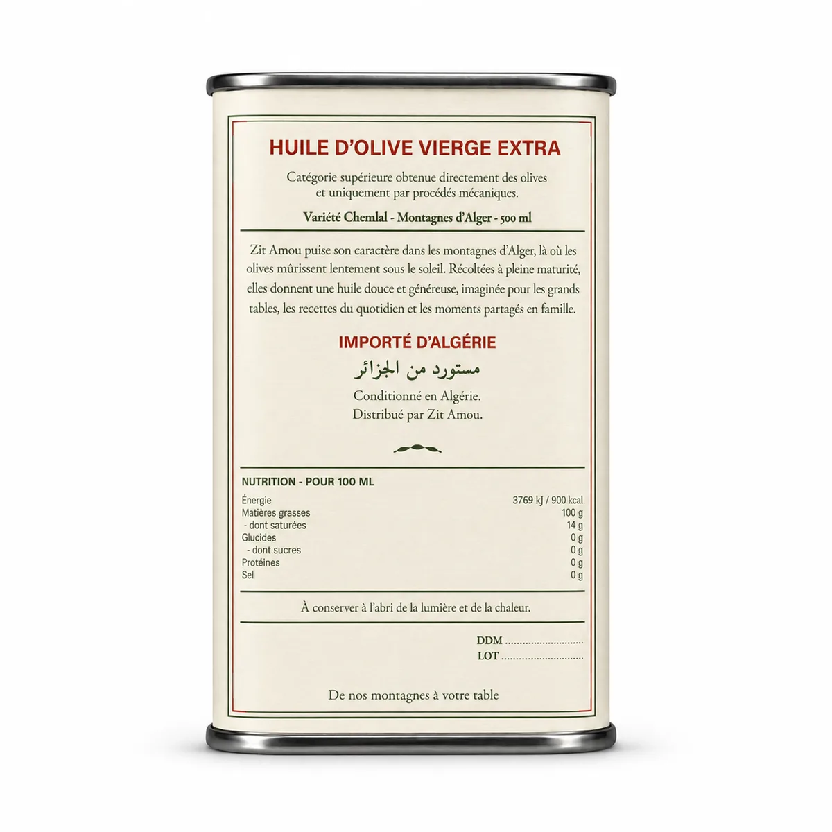 Boîte d'huile d'olive Zit Amou des montagnes d'Alger — dos, informations et nutrition